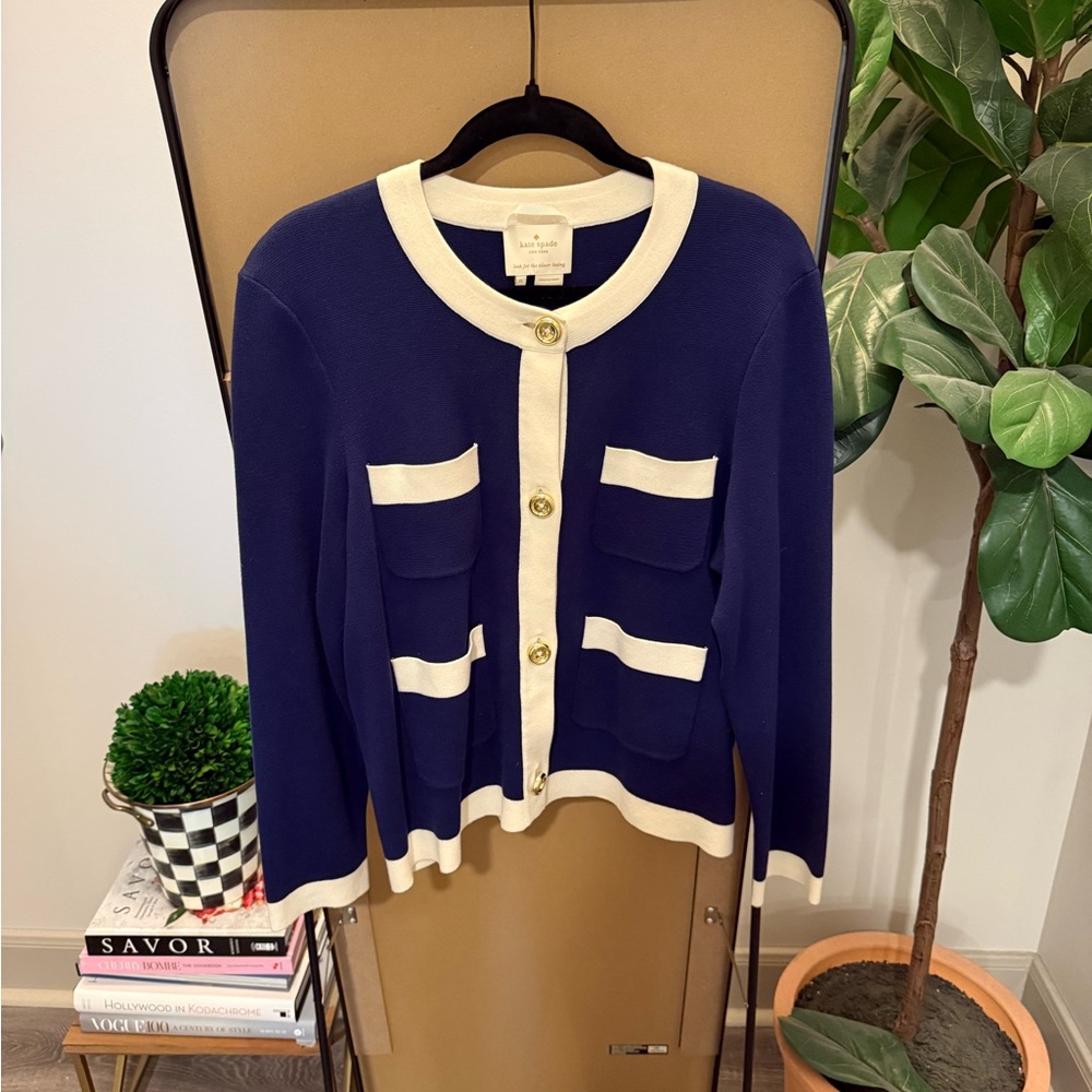 Kate Spade Blue and White Cardigan with Gold Buttons